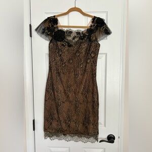 NWT Marchesa Notte Tulle-Trimmed Guipure Lace Cocktail Dress Black/Brown Sz 12